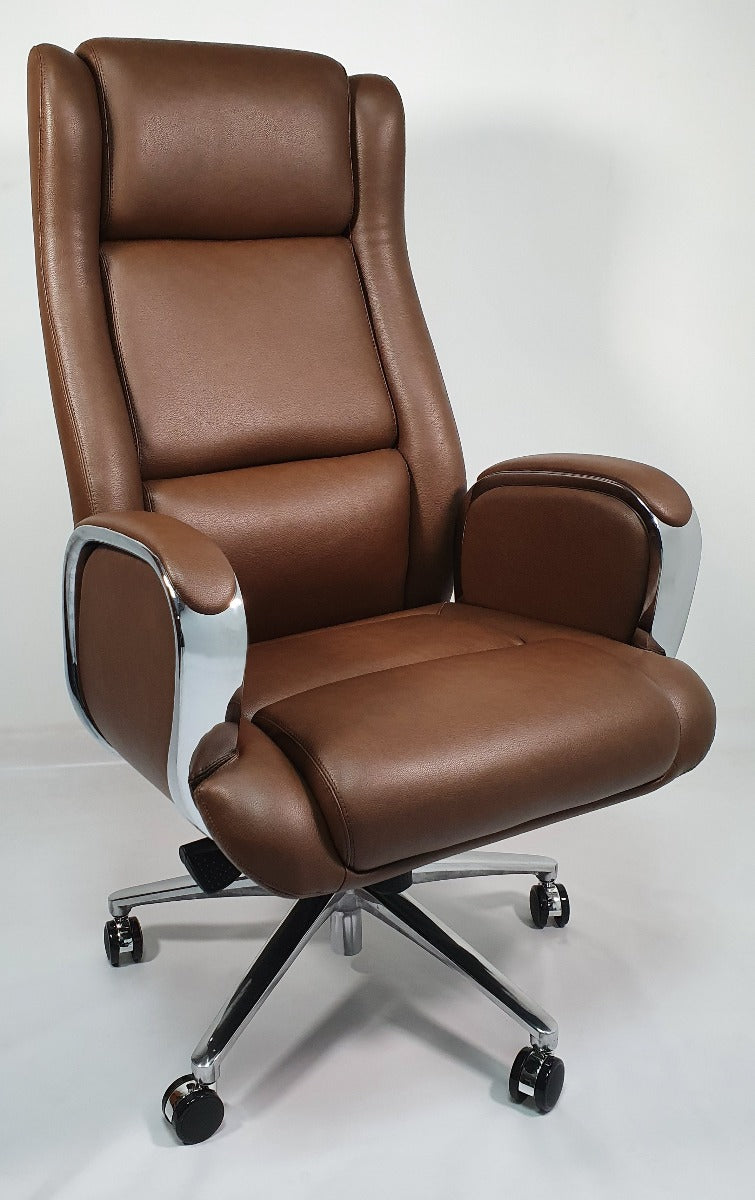 Brown Leather Executive Office Chair with Chrome Trimmed Arms - J1201